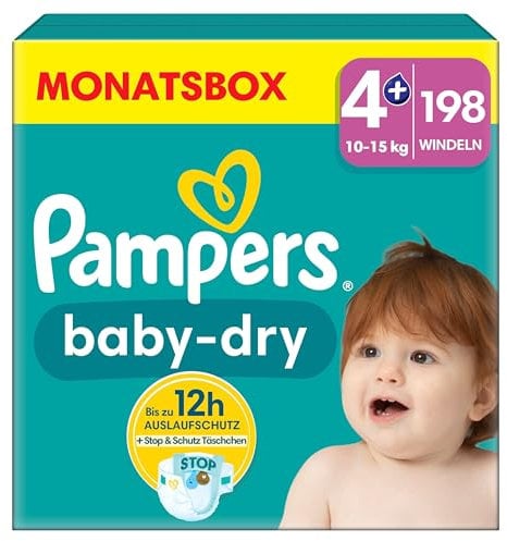 Pampers Baby-Dry Größe 4+, 198 Windeln, 10kg-15kg, Bis zu 100% Auslaufschutz & Komfort die ganze Nacht