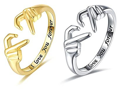 QKEPCY Adjustable Couple Rings With Hand Gesture Design Stainless Steel And Gold Plated Romantic Jewelry For Women And Men Engraved 'I Love You Forever' Unique Promise Rings For Lovers