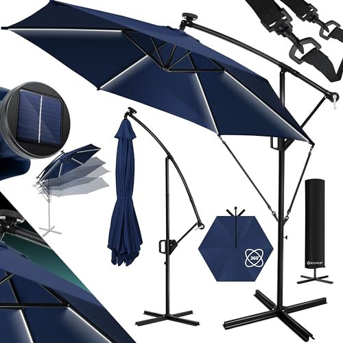 KESSER® Parasol en Aluminium avec LED Dispositif à manivelle, Protection UV, Aluminium, Tissu Hydrofuge | Ombrelle | Protection Solaire | Parasol de Jardin | Parasol de marché |, 300cm, Bleu Marine