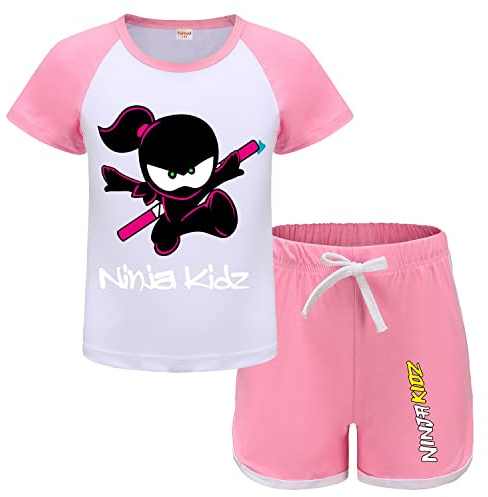 Forlcool Ninjas Kidz Merch Girls Tee Summer Pjs Pajamas T-shirt+shorts (Pink,3-4 Years,3 Years,4 Years)