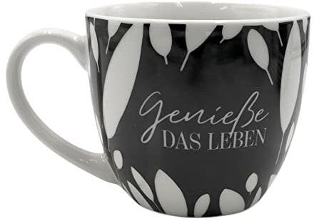 Dekohelden24 Maxi - Kaffeebecher/Tasse aus Porzellan, schwarz-weiß, Motiv: Genieße das Leben, Größe H/Ø: 9,2 x 10,5 cm, Fassungsvermögen 400 ml, Spülmaschinengeeignet.