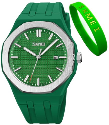 SKMEI Armbanduhr, für Herren, Silikon, leicht ablesbar, wasserdicht, Sport, Freizeit, modisch, analog, Quarz, leuchtend, Geschenk für Väter, Schwarz, G9299green, modisch