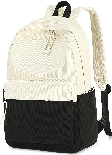 Schulrucksack für Teenager, groß, aus Kord, Büchertasche, leicht, für Mädchen und Jungen, leger, 17 Zoll (43,2 cm), Laptop-Reisetasche, Cord, weiß und schwarz, 17 inch, Classic