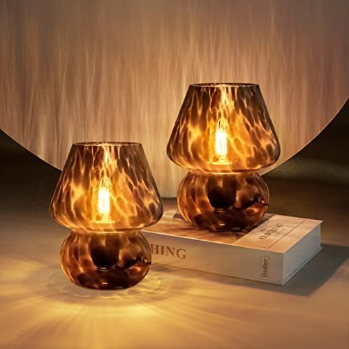 ONEWISH Lampe Champignon Petite Lampe de Table Vintage pour Chambre, Ensemble de 2, Lampe de Chevet Table, Décoration Murano Esthétique pour Salon, Cuisine, Dortoir (Noir)