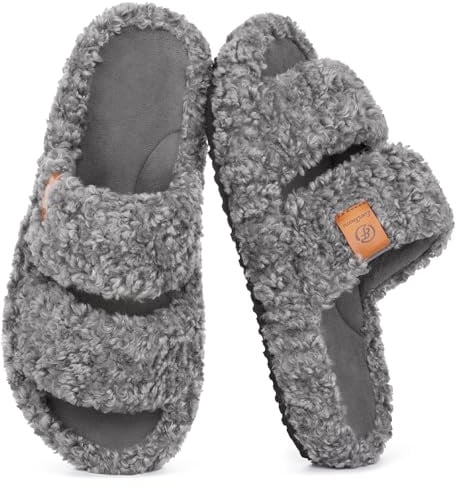 EverFoams Womens Fuzzy Open-toe Slippers House Shoes Cool Grey,5-6 UK
