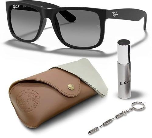 Ray-Ban RB4165 Justin quadratische Sonnenbrille, BRILLEN-SET | Exklusiv-Etui und Care-Kit | Matte Rubber Black/Polarized Light Grey
