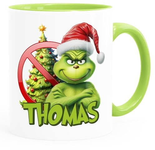 MoonWorks® Kaffee-Tasse Grinch Weihnachtstasse Mann Frau Paar mit Namen personalisierbar Geschenk lustig Weihnachtsmuffel Grinch weiss-innen-hellgruen standard