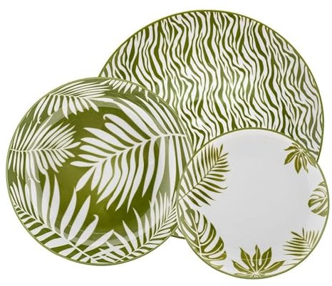 Evviva Service d'assiettes pour 6 personnes, en grès, 6 assiettes plates + 6 assiettes creuses + 6 assiettes à dessert, modernes et colorés, motifs tropicaux. Collection : Merida