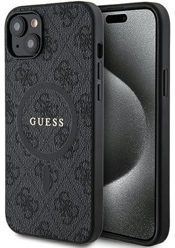 Guess GUHMP15SG4GFRK Hülle für iPhone 15/14 / 13 6.1 Schwarz hardcase 4G Collection Leather Metal Logo
