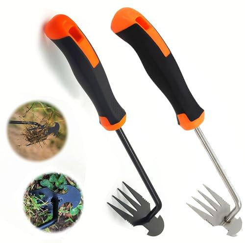 Unkrautjäter mit Stiel Gardena Unkrautwerkzeug mit Gummigriff-Mangan Stahl Handkraut für effiziente Unkrautentfernung.4 Zähne Dual Manuelles Unkrautziehwerkzeug für Garten (2 Stück-Schwarz+Silber)