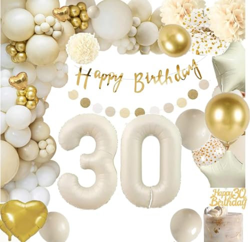 30th Birthday Decorations, Gold 30th Birthday Decorations for Men Women Beige Gold White Balloons HAPPY BIRTHDAY Banner Number 30 Balloons Star Heart Balloon Cake Topper Adults, Unisex