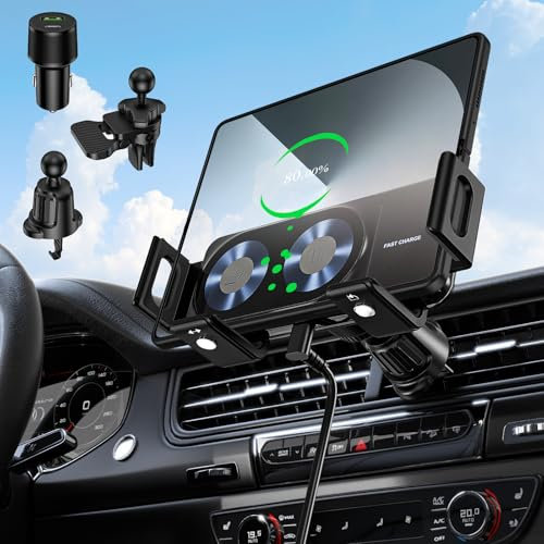 JDHDL Wireless Car Charger Mount, 15W Dual Coil One-Touch Rotatable Car Phone Holder Wireless Charger for Samsung Galaxy Z Fold 7/6/5/4/3/2, Z Flip, S25/S24/S23/S22, iPhone, Car Charger Included