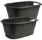 Livinja Wäschekorb, 2er Set - Schwarze, robuste Wäschewanne mit Griffen - Ideal für Transport und Aufbewahrung von Wäsche - Hochwertiger Kunststoff im Rattan-Design