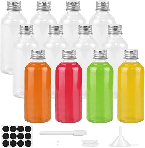 ADERTOS 12 Stücke Saftflaschen Mini Plastikflaschen zum Befüllen Klare PET Schnapsflaschen Klein Saftflaschen 80mL Plastikflaschen mit Trichter Etikett, Stift, Pinsel für Saft Smoothie, Milch, Whisky