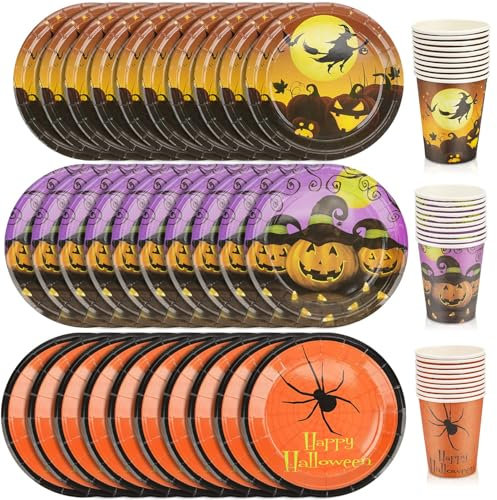 Halloween Partygeschirr Set, 60 Stück Tableware Set Party mit Becher und Teller für Halloween Geburtstag, Halloween Papiergeschirrset, Partygeschirr Kindergeburtstag