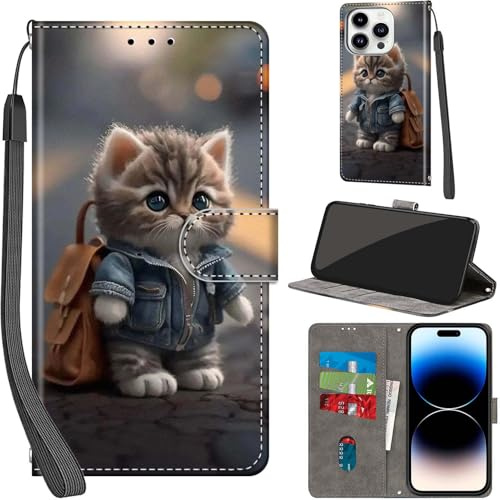 Haninsuze Case for iPhone 14 Pro 6.1-Inch, Cat | PU Leather, 3 Card Holder, Wallet Book Flip, Folio Stand View, Magnetic, Multi-Pattern Cover, Lanyard Strap
