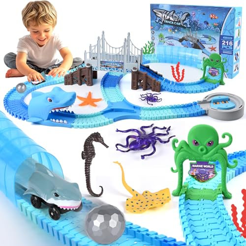 Autorennbahn Kinderspielzeug ab 3 Jahre, Diealles Shine 217 Stück Hai Spielzeug Rennbahn Auto, Rennstrecke Flexibel im Meeresthema, Weihnachten Geburtstag Geschenk für Junge Mädchen