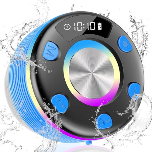 OYIB Bluetooth Shower Speaker, Portable Bluetooth Speaker with 360° Surround Sound, RGB Lights, Built-in Mic, IPX7 Waterproof Wireless Speaker with Suction Cup for Party/Outdoor/Bathroom/Travel Blue