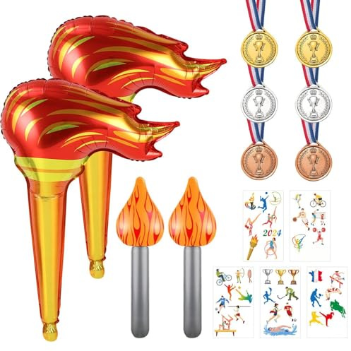 6 medaglie del campionato, 2 torce piccole, 2 torce grandi, 1 confezione di adesivi a tema sportivo, decorazioni per giochi sportivi, decorazioni per feste a tema sportivo.