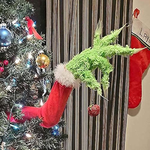 Decorazioni per il corpo del ladro di Natale, set di ornamenti per albero di Grinch, braccio e testa del Grinch, braccio in iuta da posare per interni per camino, porta, finestra (solo mano)