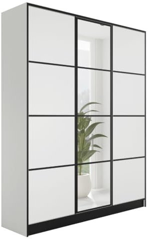 KIER FURNITURE Kleiderschrank mit Spiegel - Schrank Schlafzimmer - Garderobenschrank Flur Diele - Ausziehbare Kleiderstange - Eden v2 - BxHxT 156,4x205x39cm - 3 Türen - Weiß