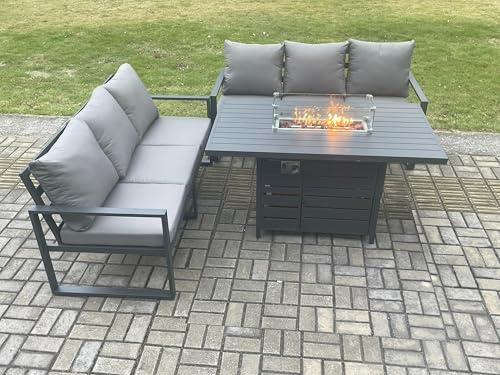 FMSGarden Aluminium 6 Seater Outdoor Garden Furniture Lounge Sofa Set Gas Fire Pit Dining Table Sets Dark Grey