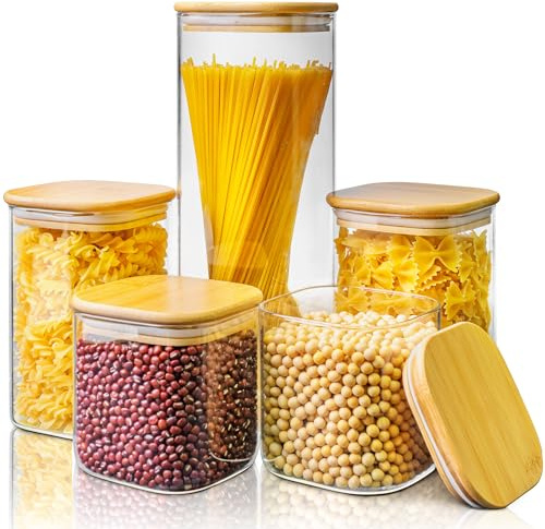 HomArtist Lot de 5 bocaux carrés en verre avec couvercles en bambou - Plusieurs tailles - Boîtes de rangement en verre avec couvercles hermétiques - Pour farine, sucre, pâtes, céréales