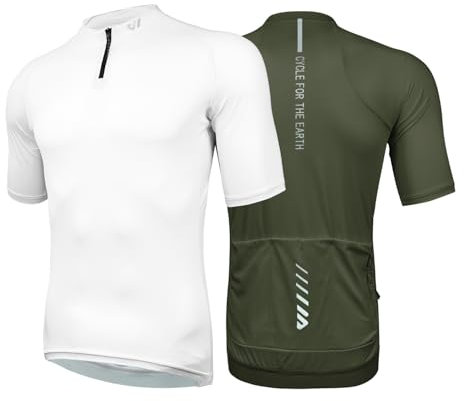 Wulibike Herren-Fahrradtrikot Kurzarm, Rennradtrikot mit halbem Reißverschluss und Taschen, Fahrradbekleidung atmungsaktiv und schnell trocknend 2er-Pack Weiß+Olivgrün L