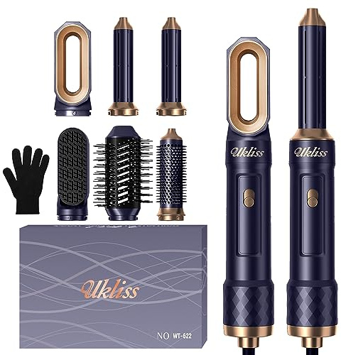 UKLISS 6 in 1 Hairstyler Pro, Hair Dryer Brush with Automatic Hair Curler, Hot Air Brush, Hair Straightners, Round Brush Hairdryer, Air Styler Gifts Set for Hair Styling Short Long Hair - Blue