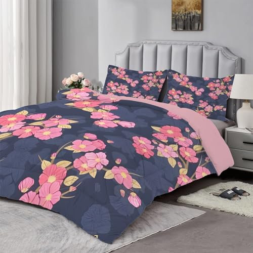 Qiwagu Couette Imprimée Fleurs Roses, Couette 240x260 pour 2 Personnes, Couette 4 Saisons 200GSM Legere et Chaude, Couette Bleu Foncé Réversible Lavable avec 2 Taies d'oreiller, A1050