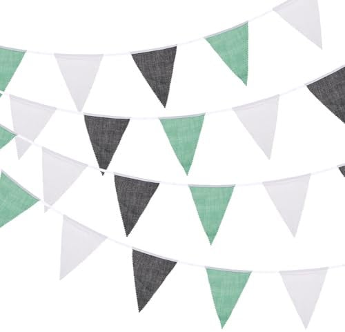 QUARKZMAN 10M Grüne Schwarze Weiße Wimpelkette, 36 Stück Dreieckige Fahnen Stoff Wimpelkette für Geburtstag Hochzeit Garten Outdoor Party Dekorationen