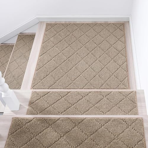 COSY HOMEER 1 Stück Treppenstufen Matten Eckig, 76 x 76cm Anti Rutsch Stufenmatten Selbstklebend, Maschinenwaschbar, 100% Polyester, TPE-Rücken, Ideal für Kinder, Senioren und Haustiere, Beige