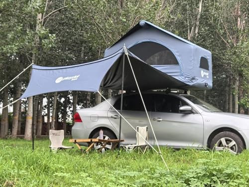 Sport Tent Aufblasbar Dachzelt 2-3 Personen Autodachzelt Luftzelt für Jeep SUV Van Minivans PKW Wetterfest Campingzelt Roadtrip mit Markise Autoreisezelt inkl. Leiter Pump Blau mit 90° Markise