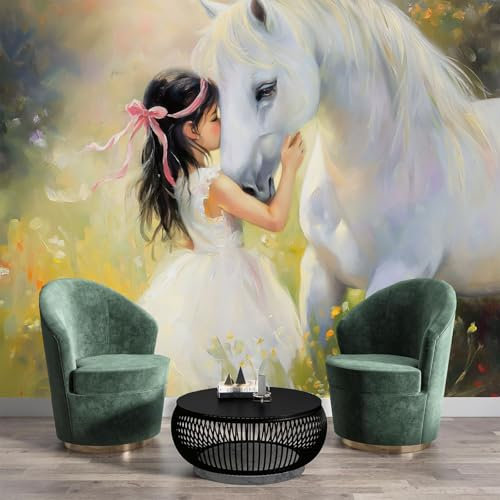 Fototapete Weißes Pferd und Mädchen 300x210cm Seide Foto Tapete Garten-Ölgemälde XXL Wandtapete für Wohnzimmer Schlafzimmer Esszimmer Wanddekoration