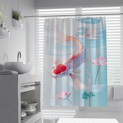 UERWOWELL Fleurs de Lotus Poisson Rouge Rideau de Douche Oriental Esthétique Chinoise Relax Salle de Bain Décor Rideaux avec Crochet Tissu Polyester imperméable W180xL220 cm