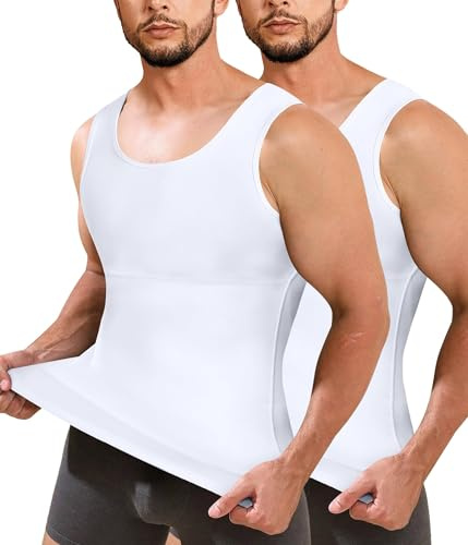 Junlan Men Compression Shirt Vest 2 Pack Slimming Body Shaper Tummy Control Shapewear Tank Tops Seamless Undershirts