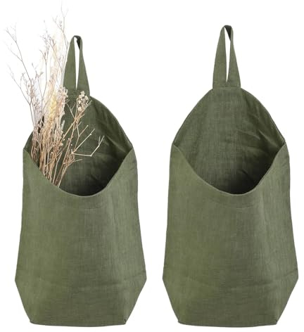 HSOFTIFY 100% Pure Linen Hanging Storage Baskets Set of 2, Army Green | Small Wall Storage Baskets for Kitchen Dorm Motorhome, Organizer Key Over the Door for Saving Space Basket, 11.8 x 9.4 inch