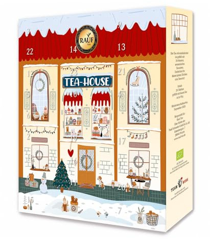 Rauf Tee | Adventskalender Tea-House | Bio Schwarztee + Grüntee | 24 x 10g | 12 Sorten Schwarztee und Grüntee aromatisiert mit feinen Aromen | zum Aufhängen | Geschenkidee | 24 x 10 g