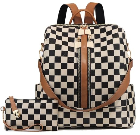TIAASTAP Schachbrettmuster Damen Rucksack - 2-in-1 Umhängetasche & Tagesrucksack mit Portemonnaie, ca. 15 L Kapazität für 13 Zoll Laptop, Retro Design Alltagstasche für Schule, Arbeit & Freizeit