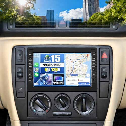 CAMECHO 8 Core 6G+128G Android 15 para VW Golf 4 Polo Sharan Jetta MK4 T5 con Navi Carplay Android Auto, 7 Pulgadas Pantalla Doble DIN autoradio con Bluetooth5.0 FM/RDS EQ DSP SWC