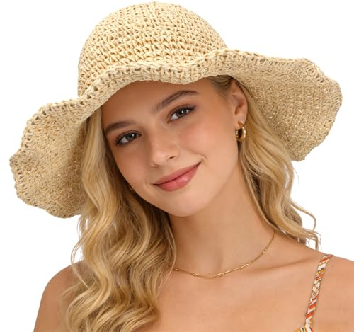 AYPOW ala Ancha Sombrero de Playa para Mujer, Protección UV Transpirable Sombrero de Sol de Paja, Ajustable Plegable Gorra de Verano para Plage Vacances Voyage Actividades al Aire Libre