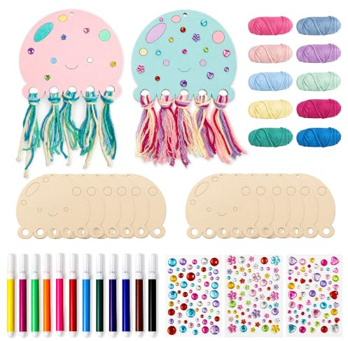 12 Stück Bastelset Kinder, Kindergeburtstag Basteln Jellyfish zum Bemalen | Basteln kinder mit 10 Farben Wolle, Wasserfarbenstiften & Stickern, Holzbastelset DIY Kreativ Set für Mädchen Junge