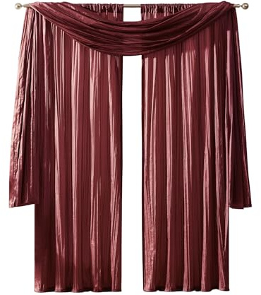 Elrene Home Fashions Faux Silk Light Filtering Window Curtain Set and Scarf, 52 x 95, Red, Polyester, 52x95 (2 Panels) & 1 Valance