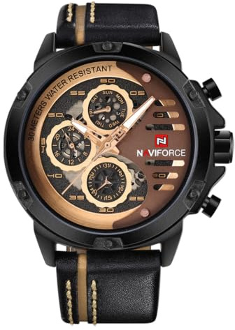 Montre de sport militaire étanche pour homme - Montre analogique à quartz avec bracelet en cuir - Date et calendrier, Noir + or rose + marron
