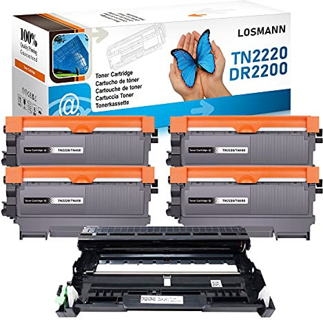 LOSMANN 4X Toner-Kartusche & 1x Trommel Kompatibel zu Brother TN2220 TN2010 DR2200 für Brother DCP-7057 DCP-7060D DCP-7060N DCP-7065DN DCP-7070DW FAX-2840 HL-2130 HL-2132 HL-2135W HL-2215 MFC-7860DW