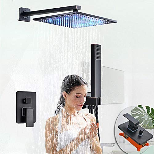 Huin Robinet de douche de lumière LED fixé au mur colonne de douche de pluie en Bronze noir pommeau de douche de pluie en laiton soupape de commande de boîte intégrée