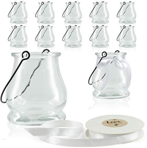 WeddingTree 12 x Windlicht Glas mit Bügel und Dekoband weiß - Teelichtgläser - Einfach Abnehmbarer Metallbügel - Deko für Hochzeit (Klassik)