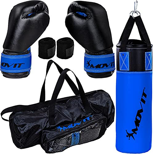 MOVIT® Boxsack-Set 5,5kg, gefüllt, inkl. Boxsack, (Höhe 60cm x Durchmesser 20cm), 8 oz Boxhandschuhe, Boxbandagen und Tasche, für Kinder und Jugendliche, Boxing Boxen, blau-schwarz