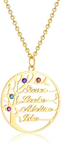 Collier Prénom Personnalisé,Collier Arbre de Vie/Arbre Généalogique Femme Personnalisable 1-4 Prénoms avec Pierre de Naissance , Collier Personnalisé Bijoux Cadeau en Or/Rose/Argent pour Famille