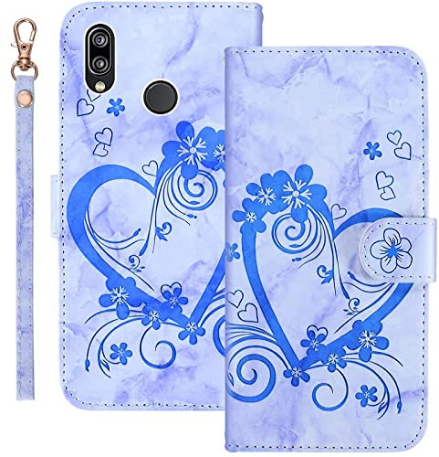 Bartern Handyhülle für Huawei P20 Lite Klappbar,Herz(Liebe)+ Blumen Huawei P20 Lite Hülle,PU Leder Wallet Schutzhülle Tasche Klapphülle mit Kartenfach Magnetverschluss Standfunktion,Blau